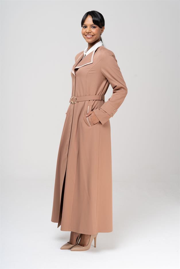 Mendil Yaka Garni ve Kemer Detaylı Astarlı Pardesü KAMEL 6549