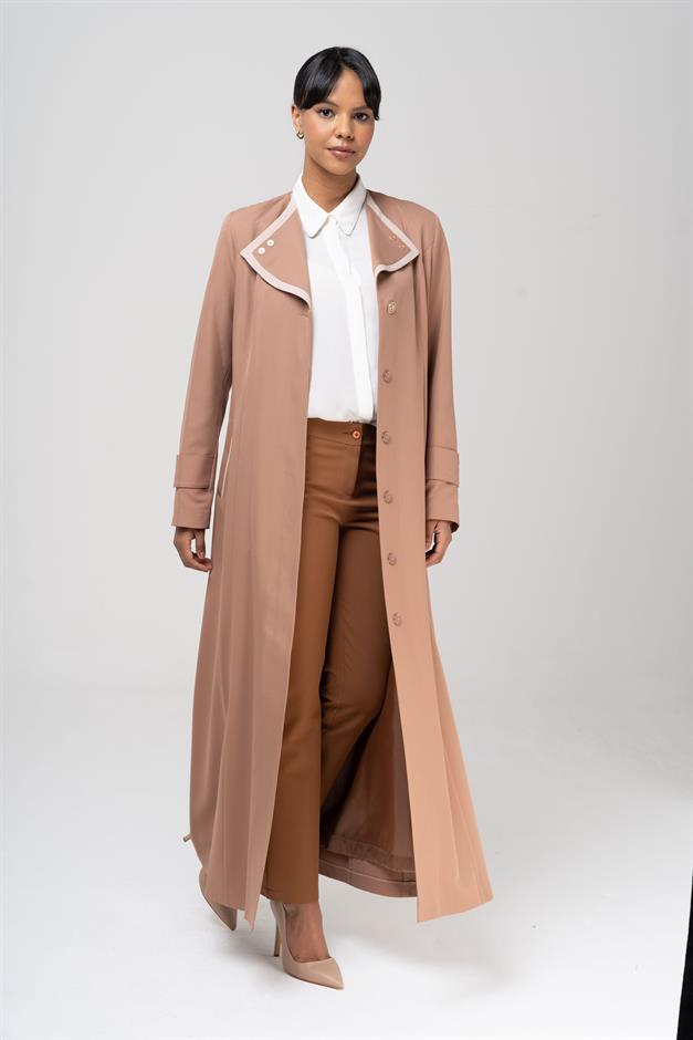 Mendil Yaka Garni ve Kemer Detaylı Astarlı Pardesü KAMEL 6549