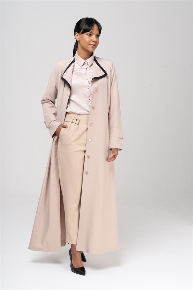 Mendil Yaka Garni ve Kemer Detaylı Astarlı Pardesü BEJ 6549