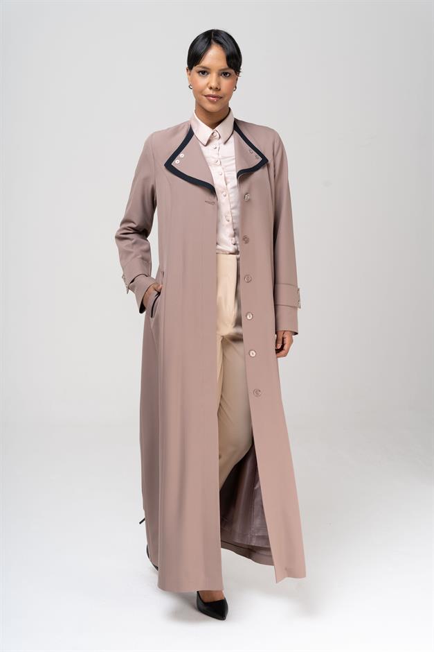 Mendil Yaka Garni ve Kemer Detaylı Astarlı Pardesü VİZON 6549