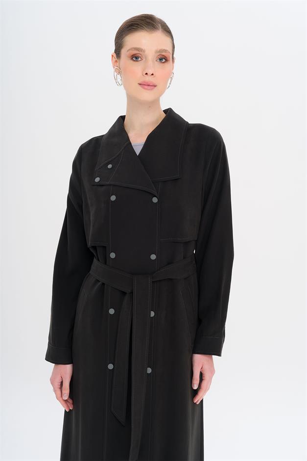 Handkerchief Collar Cape and Snap Detailed Unlined Modal Cape BLACK 6729