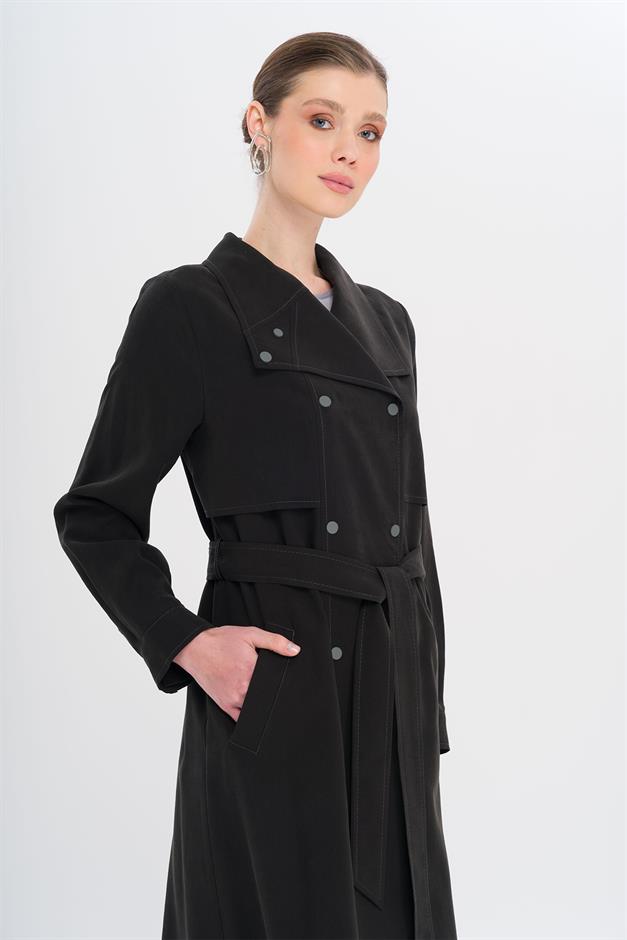 Handkerchief Collar Cape and Snap Detailed Unlined Modal Cape BLACK 6729