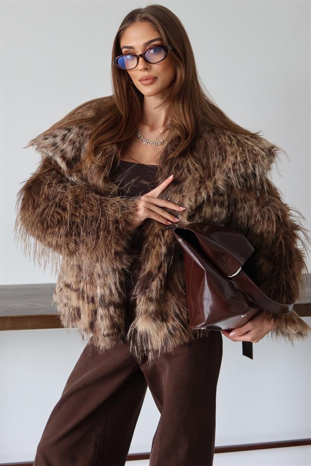 Mendil Yaka Saçaklı Leopar Desen Suni Kürk Ceket KAMEL 1017