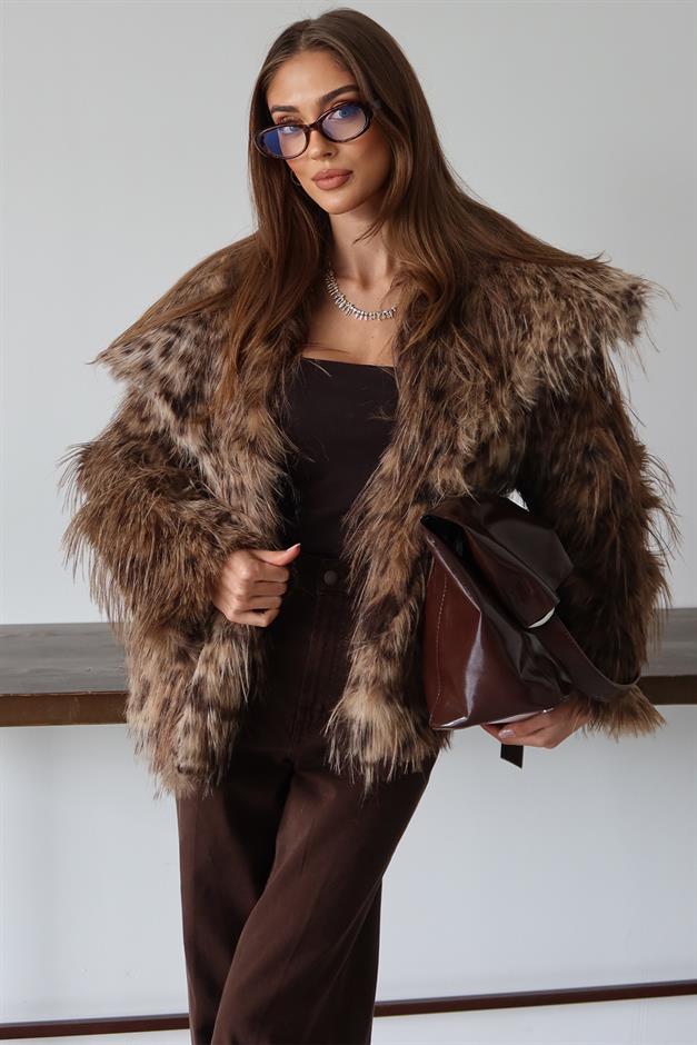 Mendil Yaka Saçaklı Leopar Desen Suni Kürk Ceket KAMEL 1017