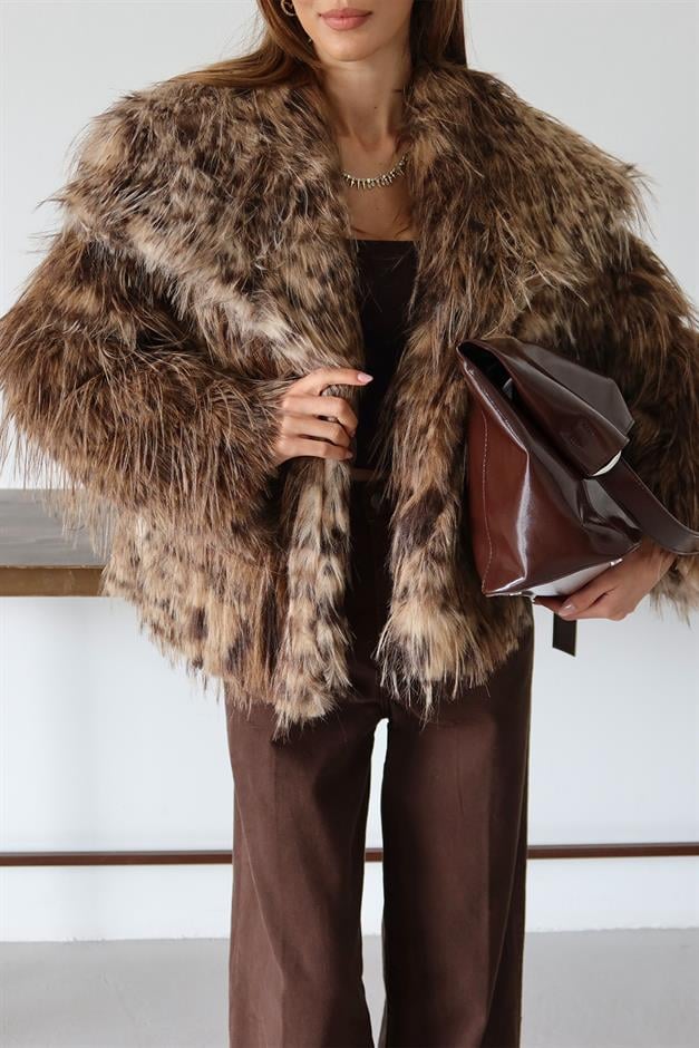 Mendil Yaka Saçaklı Leopar Desen Suni Kürk Ceket KAMEL 1017