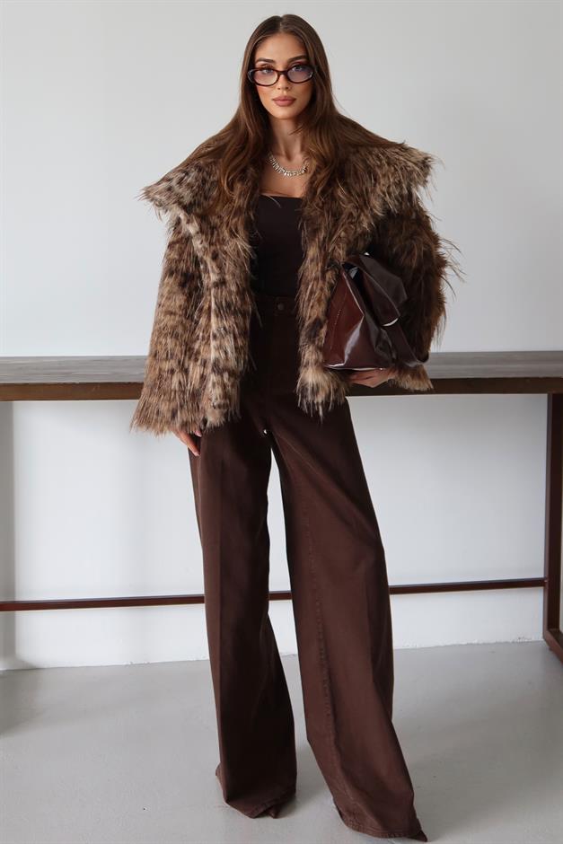 Mendil Yaka Saçaklı Leopar Desen Suni Kürk Ceket KAMEL 1017