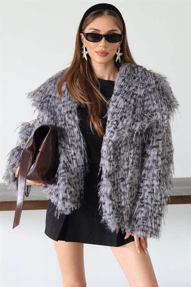 Mendil Yaka Saçaklı Leopar Desen Suni Kürk Ceket GRİ 1017