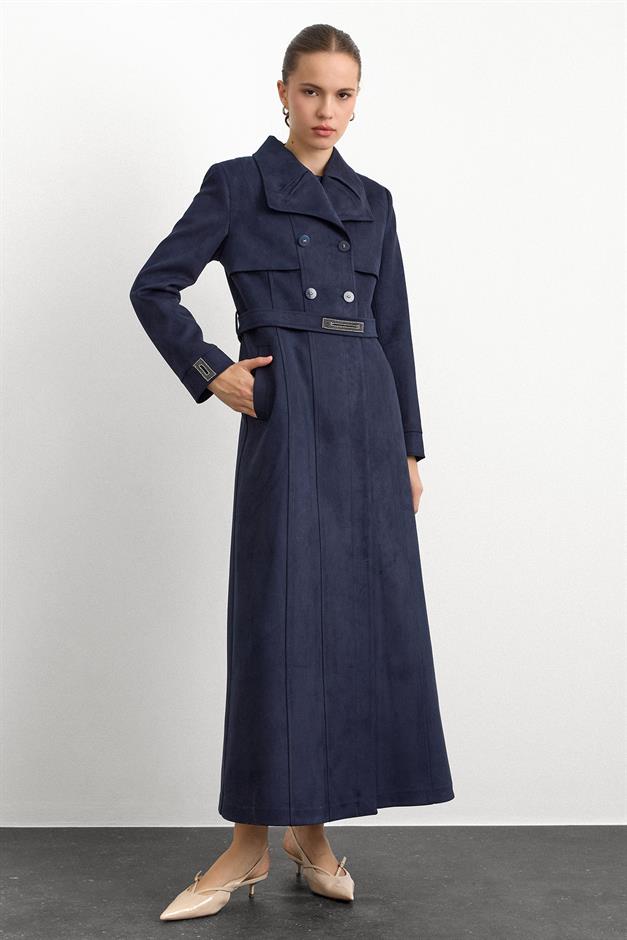 Mendil Yaka Taş Detaylı Süet Görünümlü Pardesü LACİVERT 6794