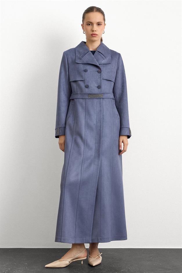 Mendil Yaka Taş Detaylı Süet Görünümlü Pardesü MAVİ 6794