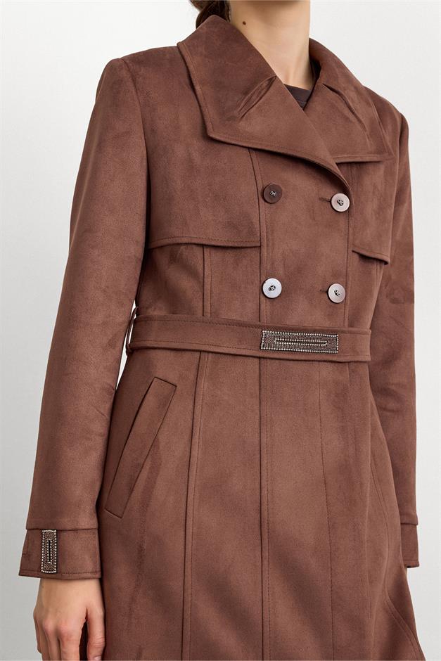 Mendil Yaka Taş Detaylı Süet Görünümlü Pardesü KAHVE 6794