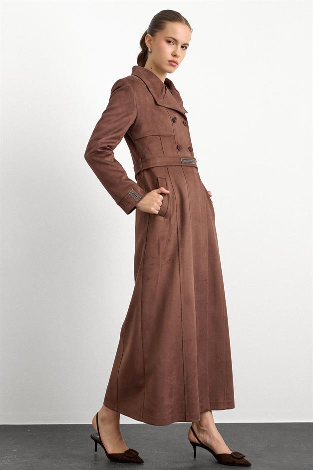 Mendil Yaka Taş Detaylı Süet Görünümlü Pardesü KAHVE 6794