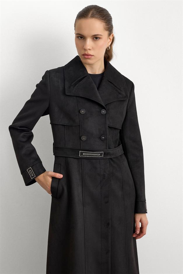 Mendil Yaka Taş Detaylı Süet Görünümlü Pardesü SİYAH 6794