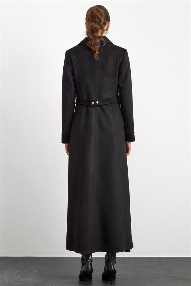 Mendil Yaka Taş Detaylı Süet Görünümlü Pardesü SİYAH 6794