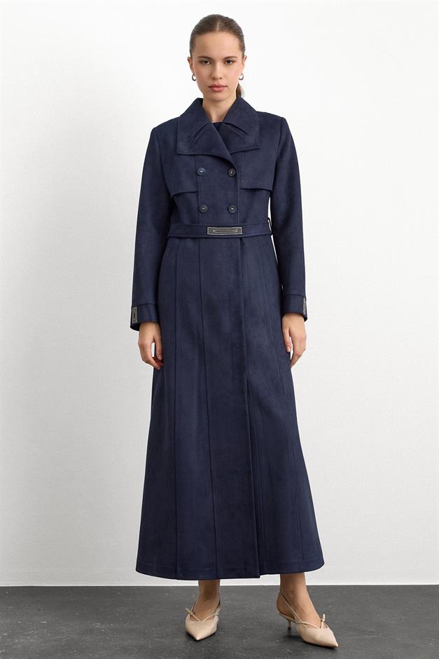 Mendil Yaka Taş Detaylı Süet Görünümlü Pardesü LACİVERT 6794