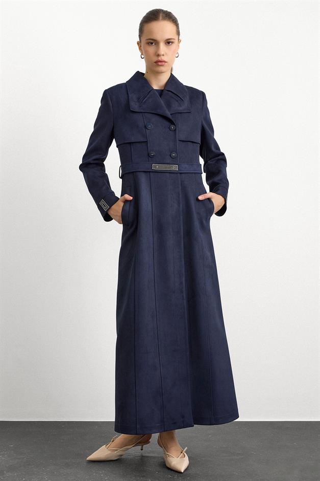 Mendil Yaka Taş Detaylı Süet Görünümlü Pardesü LACİVERT 6794