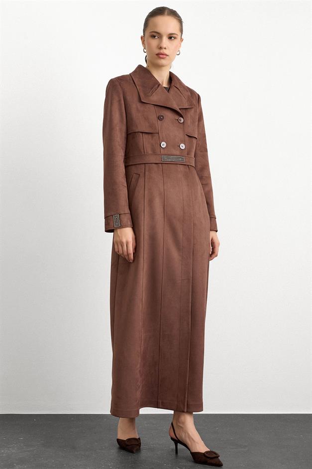 Mendil Yaka Taş Detaylı Süet Görünümlü Pardesü KAHVE 6794