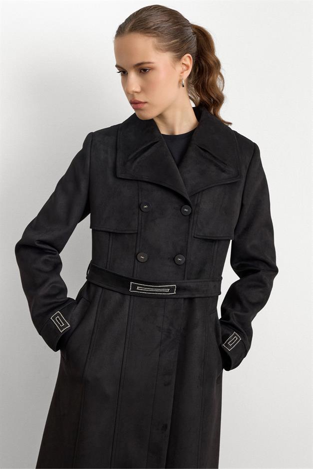 Mendil Yaka Taş Detaylı Süet Görünümlü Pardesü SİYAH 6794