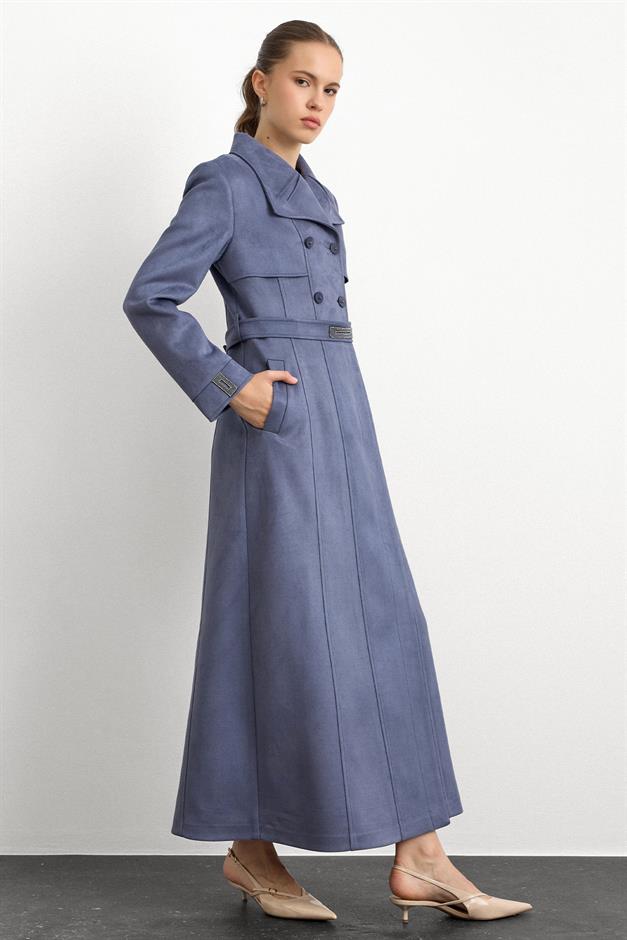 Mendil Yaka Taş Detaylı Süet Görünümlü Pardesü MAVİ 6794