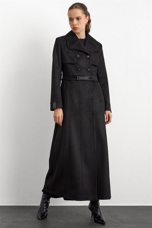 Mendil Yaka Taş Detaylı Süet Görünümlü Pardesü SİYAH 6794