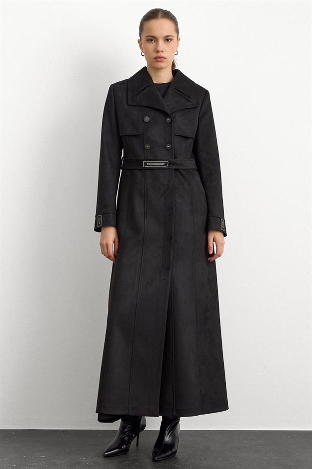 Mendil Yaka Taş Detaylı Süet Görünümlü Pardesü SİYAH 6794