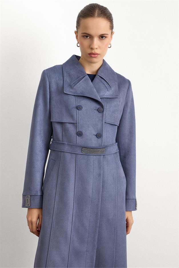 Mendil Yaka Taş Detaylı Süet Görünümlü Pardesü MAVİ 6794