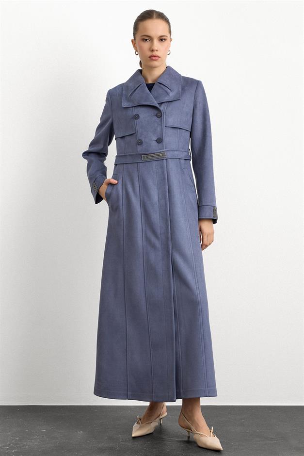 Mendil Yaka Taş Detaylı Süet Görünümlü Pardesü MAVİ 6794