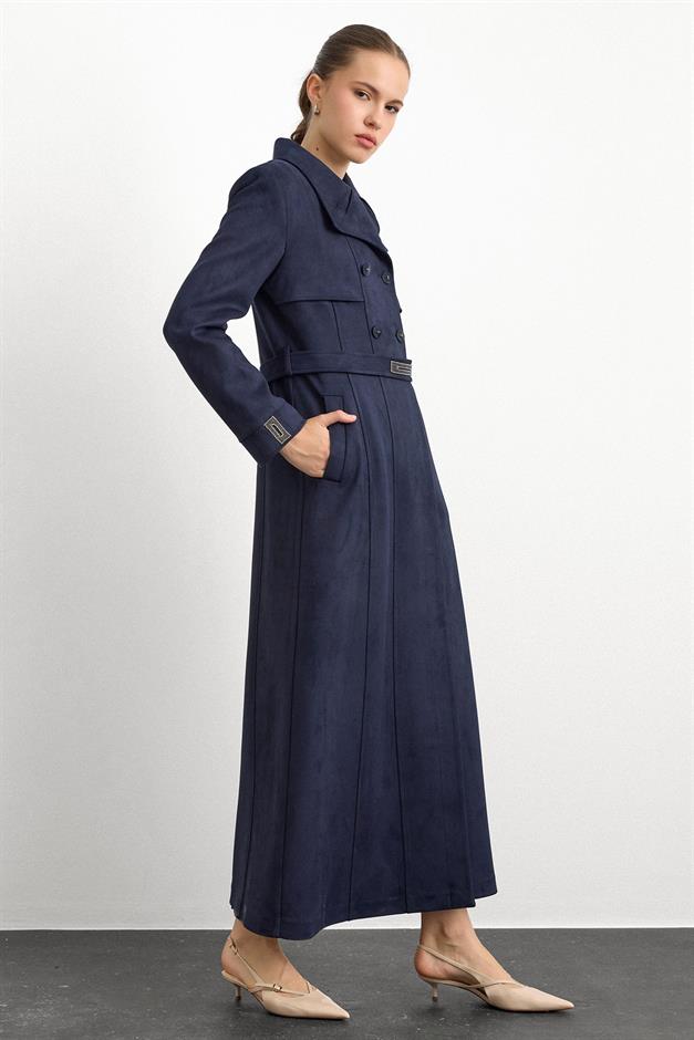 Mendil Yaka Taş Detaylı Süet Görünümlü Pardesü LACİVERT 6794