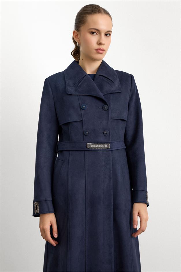 Mendil Yaka Taş Detaylı Süet Görünümlü Pardesü LACİVERT 6794