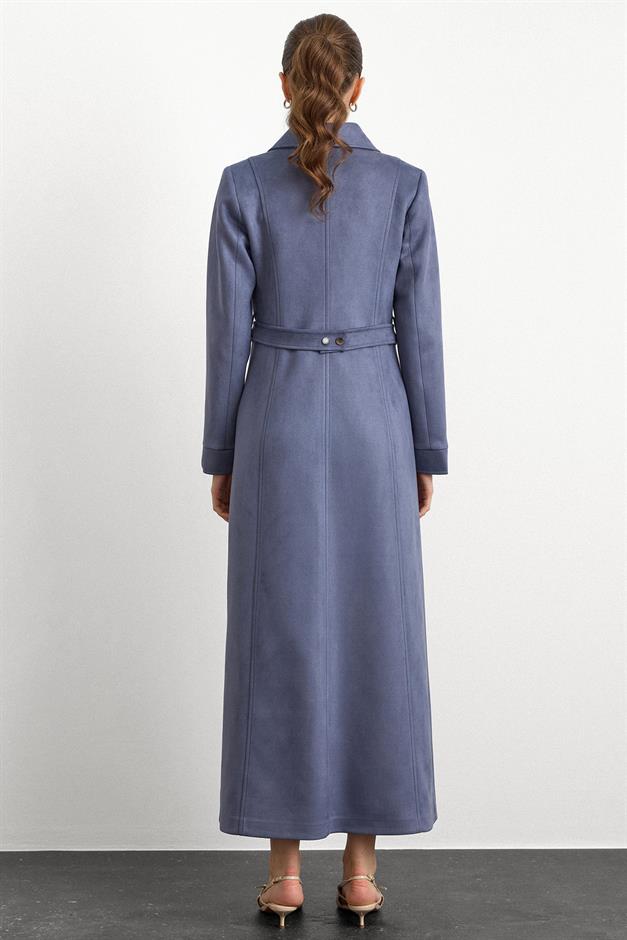 Mendil Yaka Taş Detaylı Süet Görünümlü Pardesü MAVİ 6794