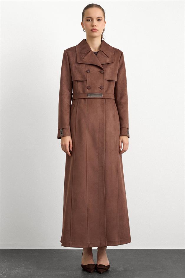 Mendil Yaka Taş Detaylı Süet Görünümlü Pardesü KAHVE 6794