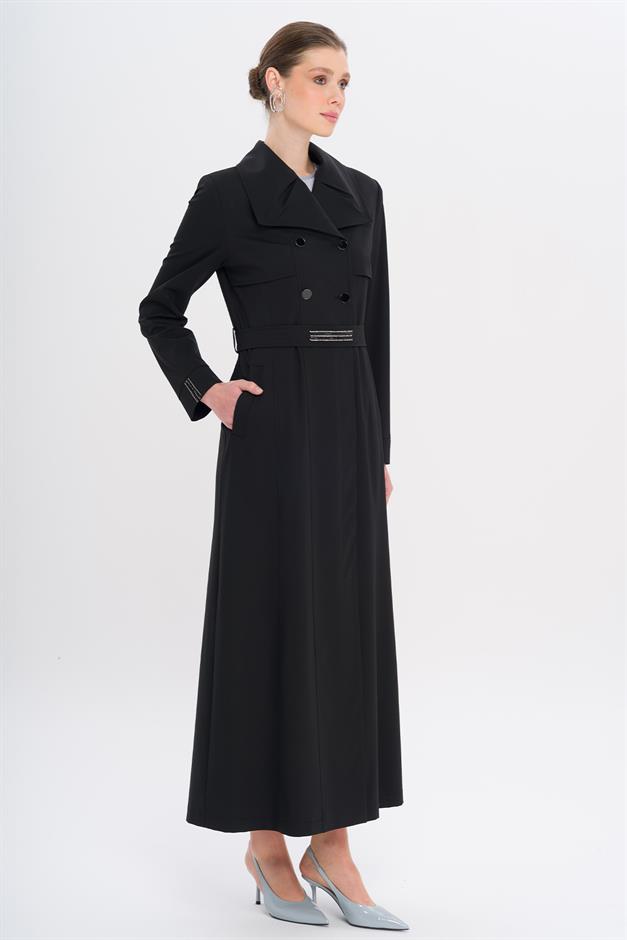 Mendil Yaka Taş ve Boncuk Detaylı Astarlı Pardesü SİYAH 6753