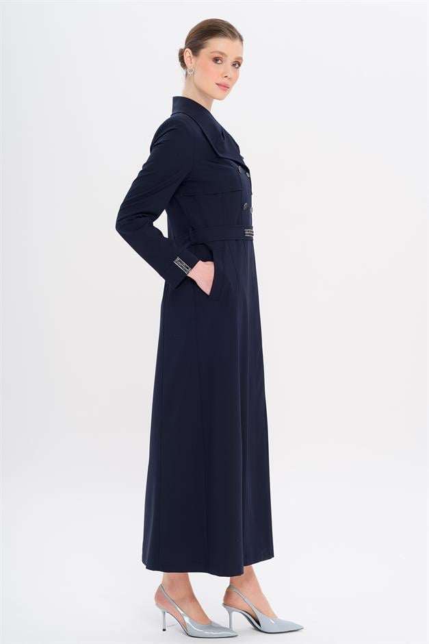 Mendil Yaka Taş ve Boncuk Detaylı Astarlı Pardesü LACİVERT 6753