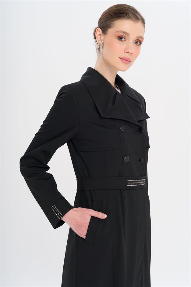 Mendil Yaka Taş ve Boncuk Detaylı Astarlı Pardesü SİYAH 6753