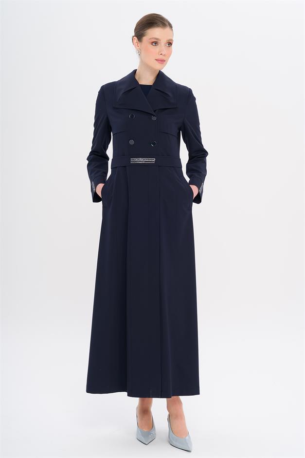 Mendil Yaka Taş ve Boncuk Detaylı Astarlı Pardesü LACİVERT 6753