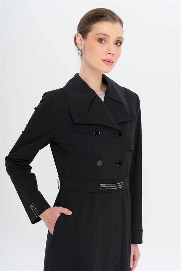 Mendil Yaka Taş ve Boncuk Detaylı Astarlı Pardesü SİYAH 6753