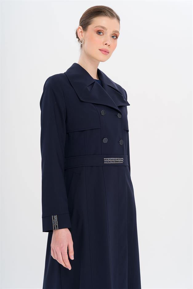 Mendil Yaka Taş ve Boncuk Detaylı Astarlı Pardesü LACİVERT 6753