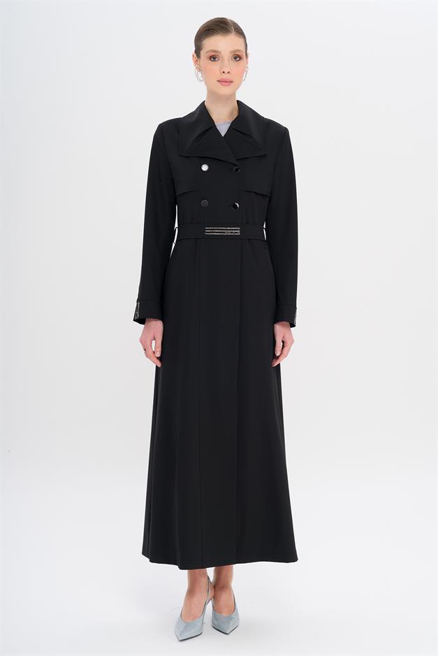 Mendil Yaka Taş ve Boncuk Detaylı Astarlı Pardesü SİYAH 6753