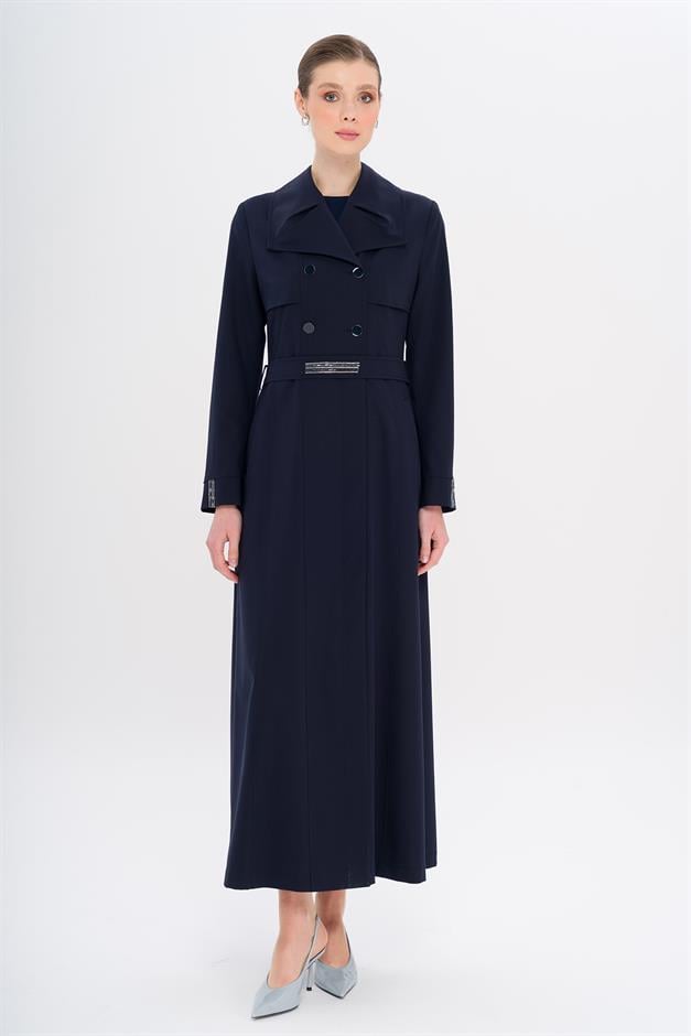 Mendil Yaka Taş ve Boncuk Detaylı Astarlı Pardesü LACİVERT 6753