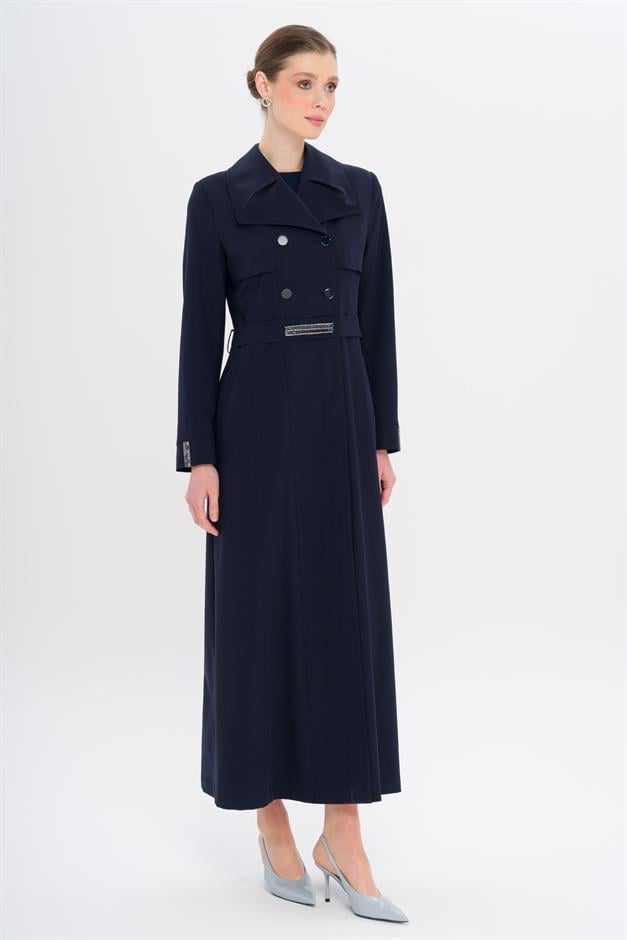 Mendil Yaka Taş ve Boncuk Detaylı Astarlı Pardesü LACİVERT 6753