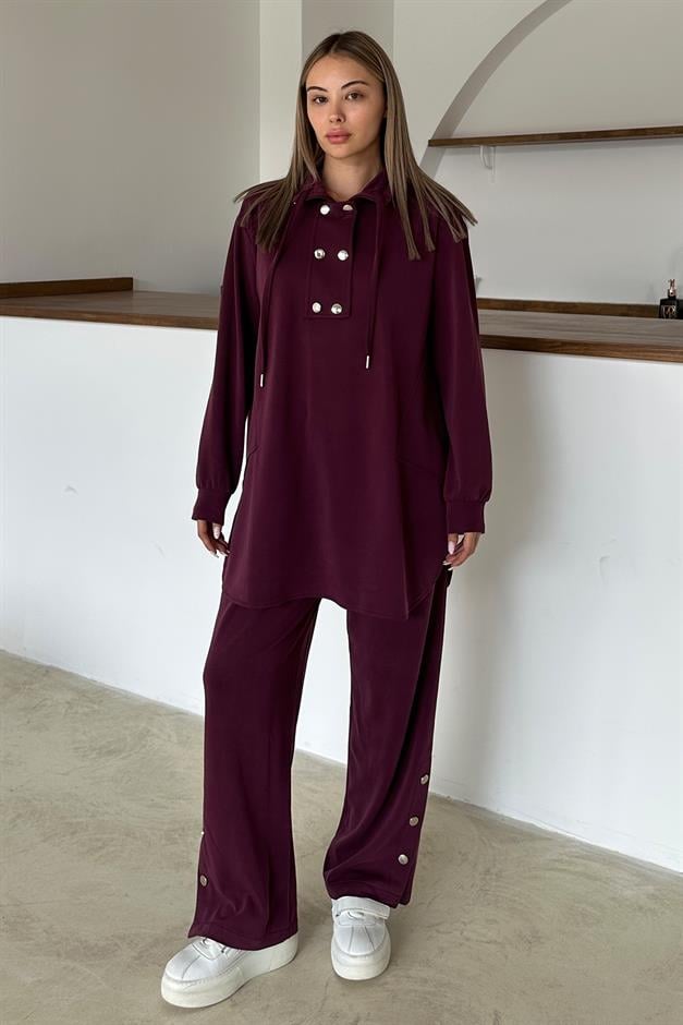 Premium Fabric Casual Sweat Trouser Set with Metal Accessories CLARET RED 9372-TK
