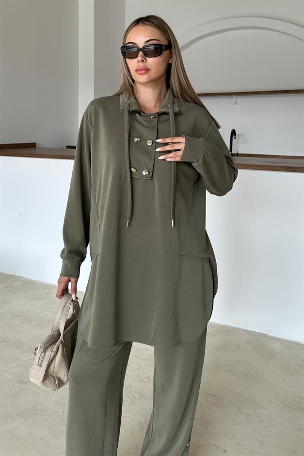 Premium Fabric Casual Sweat Trouser Set with Metal Accessories DRAB 9372-TK