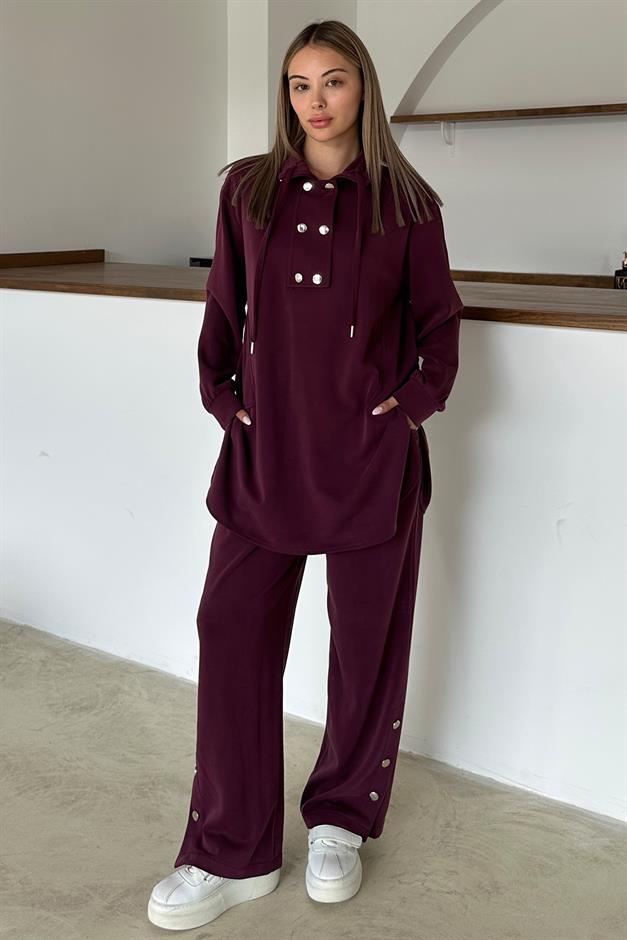Premium Fabric Casual Sweat Trouser Set with Metal Accessories CLARET RED 9372-TK