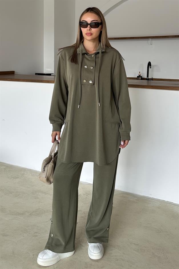 Premium Fabric Casual Sweat Trouser Set with Metal Accessories DRAB 9372-TK