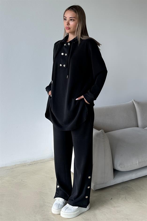 Premium Fabric Casual Sweat Trouser Set with Metal Accessories BLACK 9372-TK