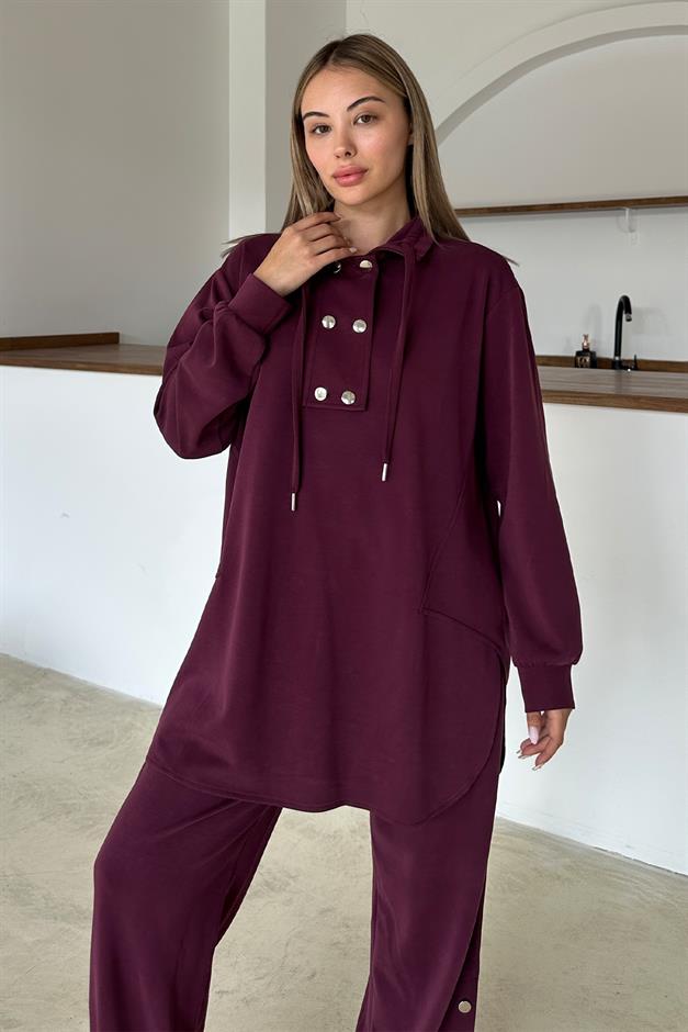 Premium Fabric Casual Sweat Trouser Set with Metal Accessories CLARET RED 9372-TK