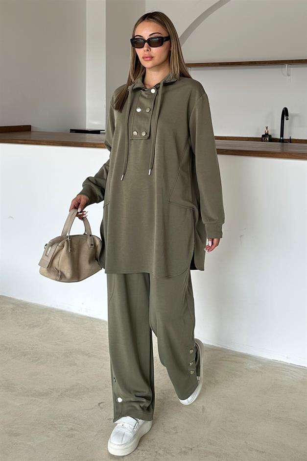 Premium Fabric Casual Sweat Trouser Set with Metal Accessories DRAB 9372-TK