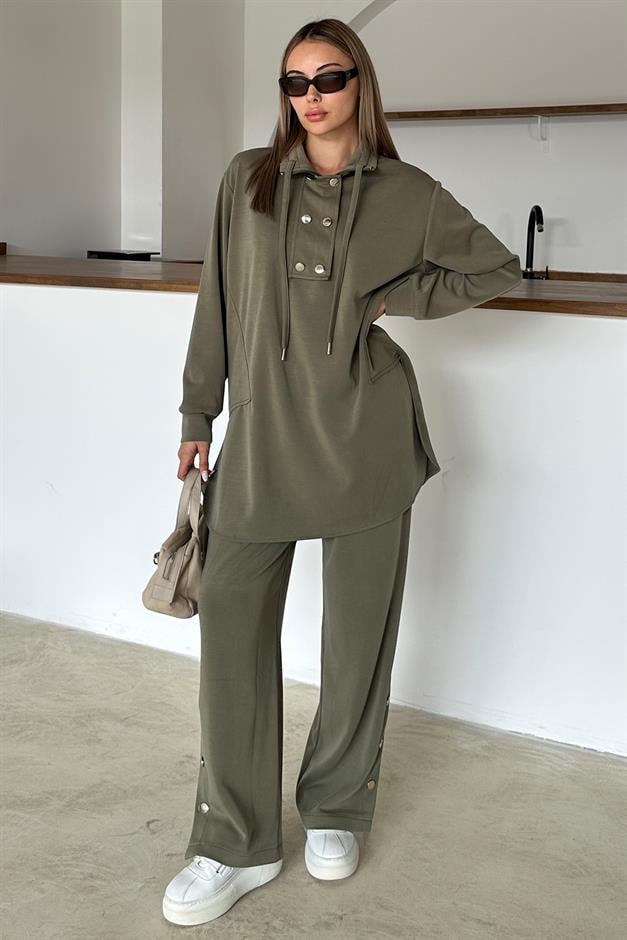 Premium Fabric Casual Sweat Trouser Set with Metal Accessories DRAB 9372-TK