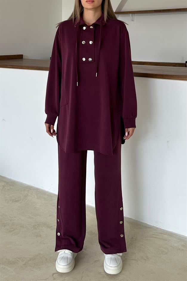 Premium Fabric Casual Sweat Trouser Set with Metal Accessories CLARET RED 9372-TK