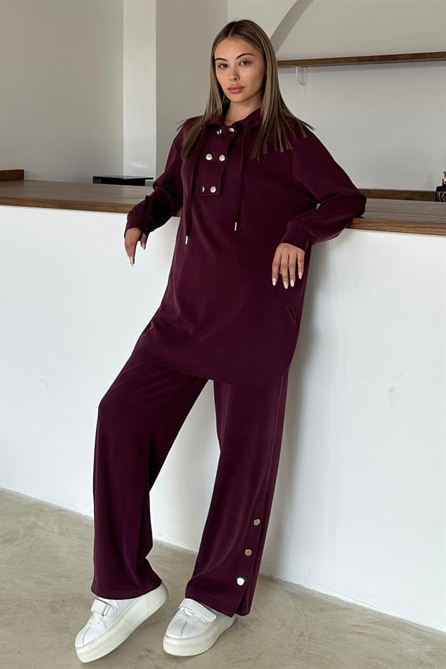 Premium Fabric Casual Sweat Trouser Set with Metal Accessories CLARET RED 9372-TK