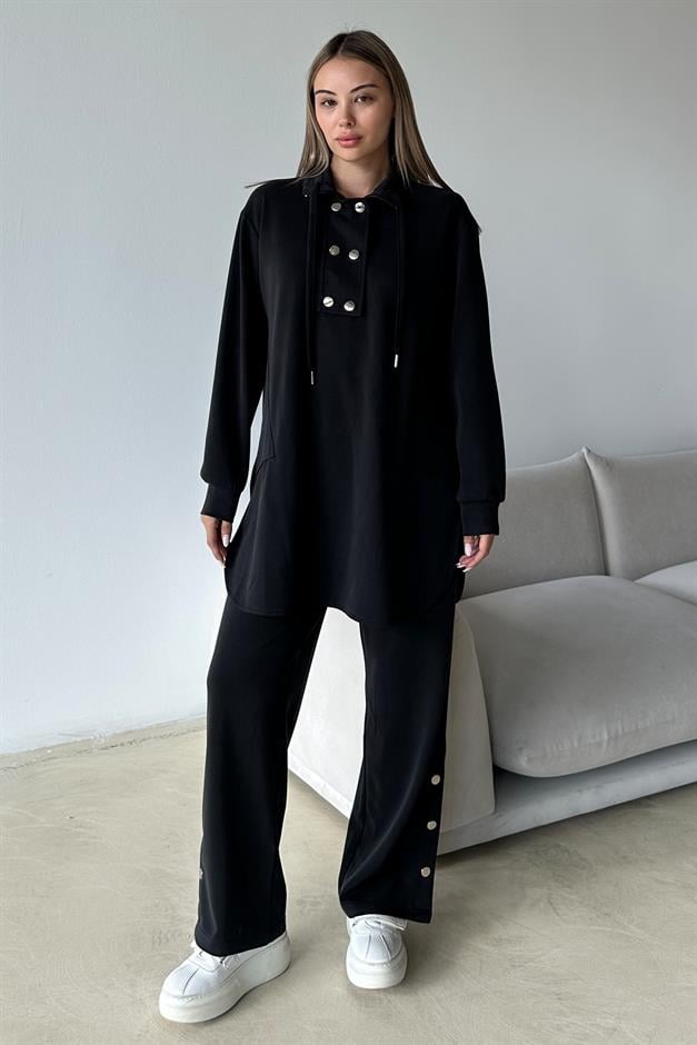 Premium Fabric Casual Sweat Trouser Set with Metal Accessories BLACK 9372-TK